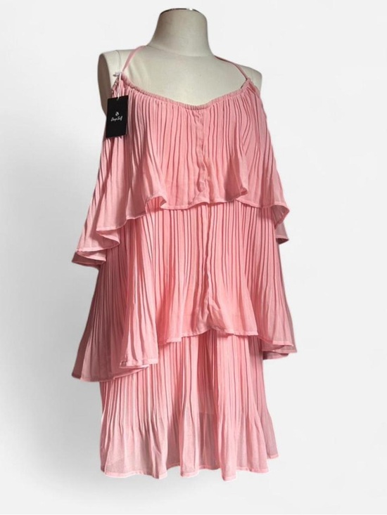 Deep Self Dresses & Skirts - Pleated Layered Spaghetti-Strap Mini Dress in Blush Pink